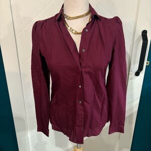 100 SILK Burgundy vintage 70/80s puff shoulder Blouse/ luxury/old money 6/8‎